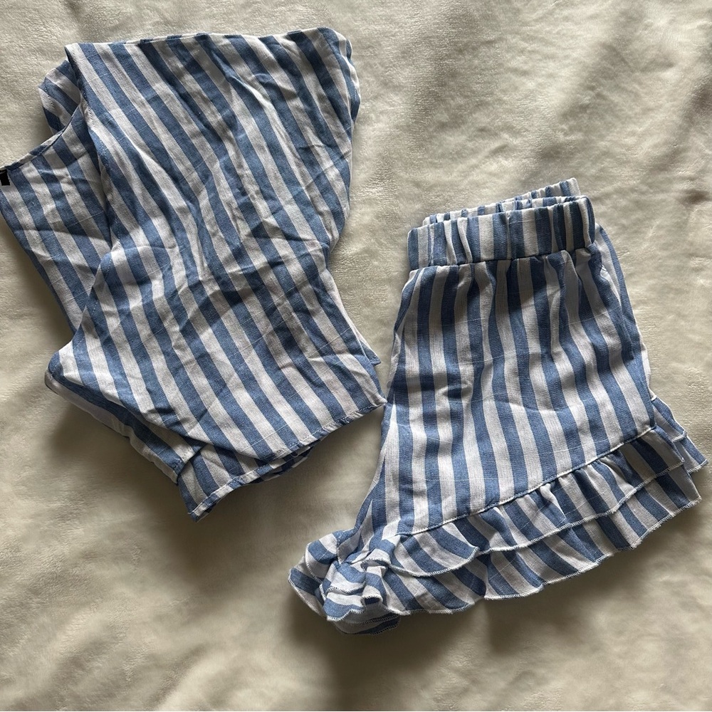 Dark Blue and White Striped Ruffle Shorts